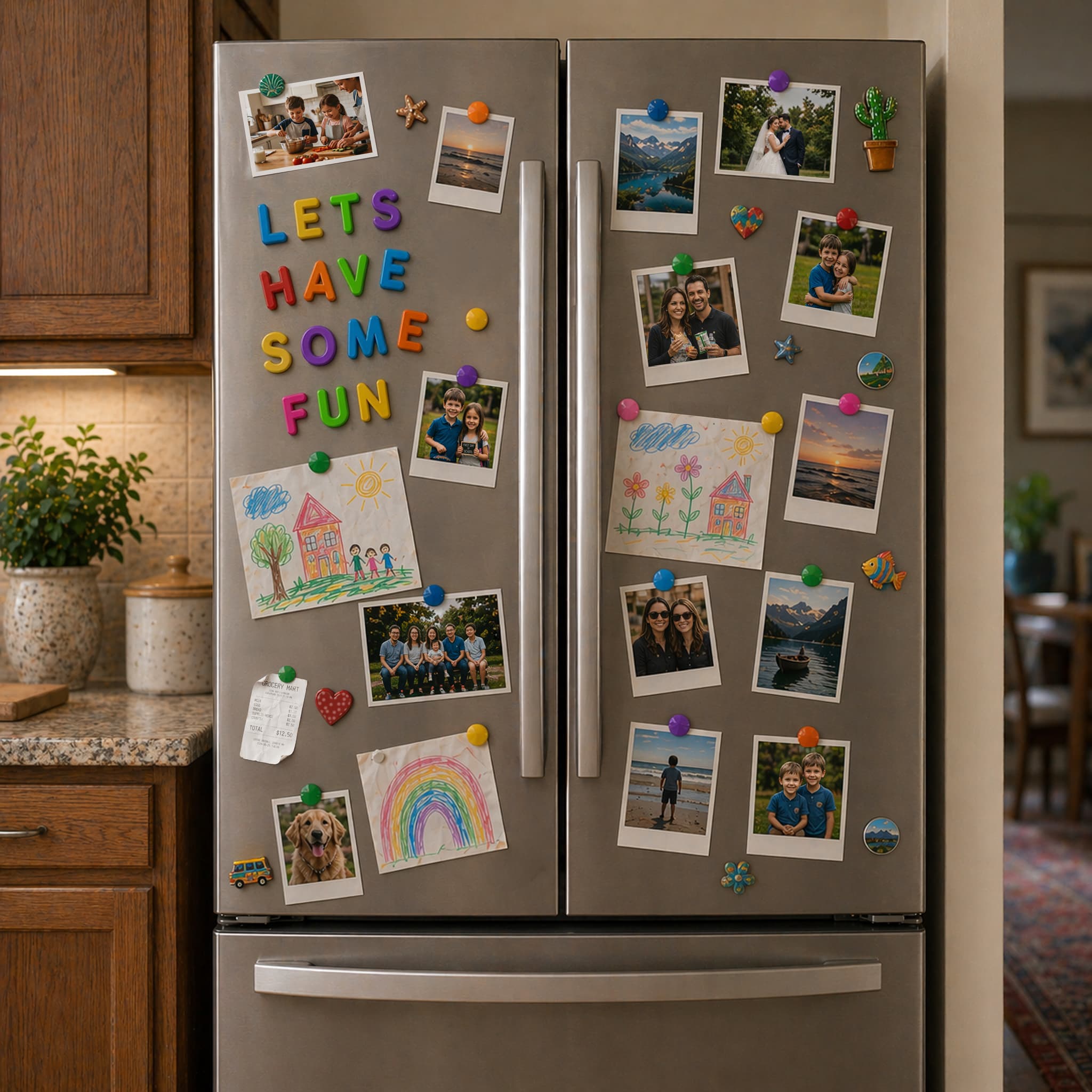 Family photos and notes on a refrigerator