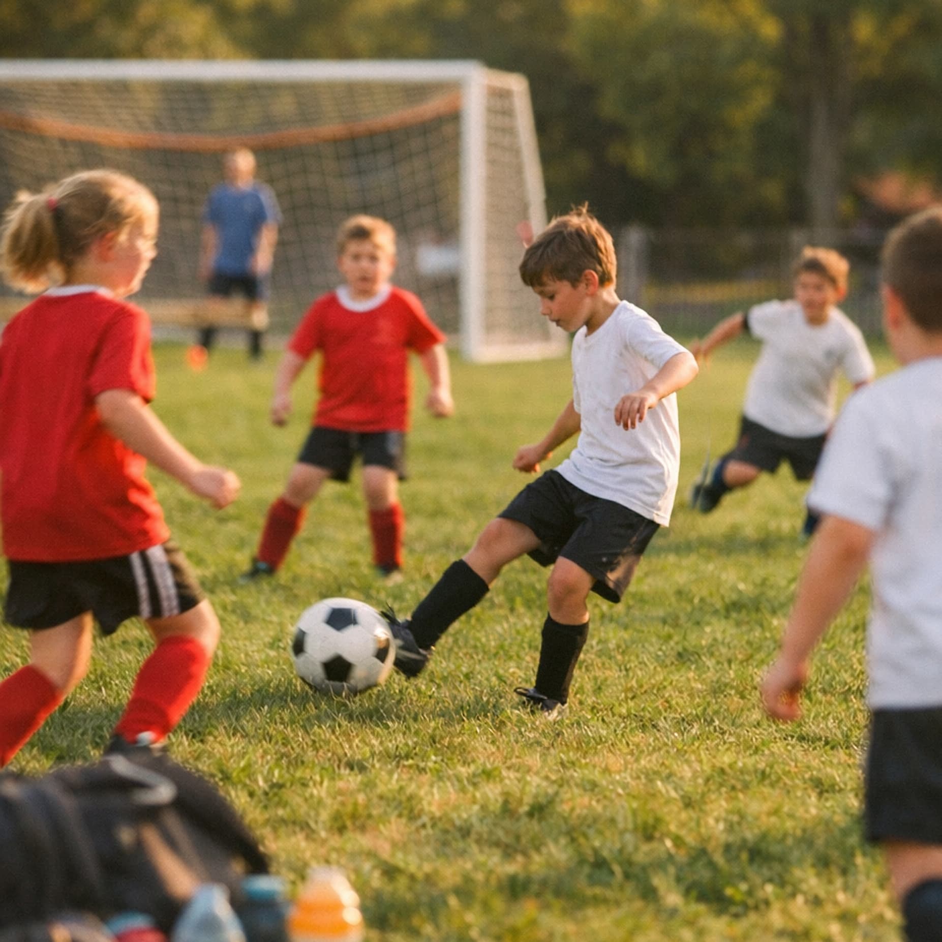Kids playing soccer on a sunny field